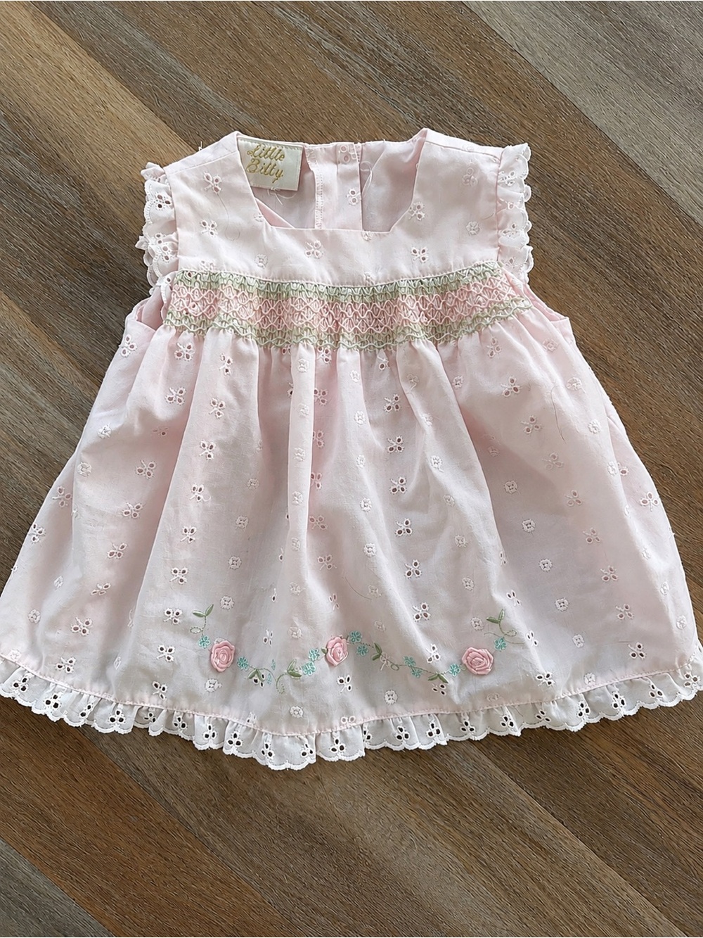 Vintage Little Billy Baby Girl Smocked Eyelet Dress Pink Rosebuds Heirloom 6-9 M